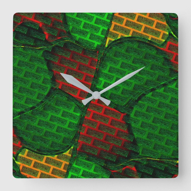 Abstrakte Bildmontage mit rot, grün, gelb Quadratische Wanduhr (Vorderseite)