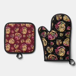ABSTRAKTE BLACK BURGUNDY & YELLOW BLUMWERKE OFENHANDSCHUH & Topflappen-Set