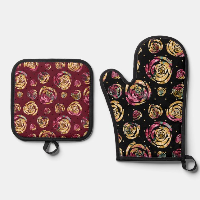 ABSTRAKTE BLACK BURGUNDY & YELLOW BLUMWERKE OFENHANDSCHUH & Topflappen-Set (Vorderseite)