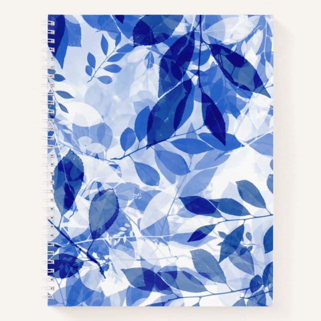 Abstrakte Blätter in Blau und Weiß Notizbuch (Vorderseite)