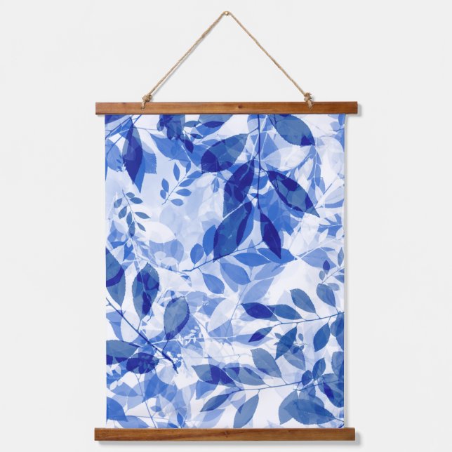 Abstrakte Blätter in Blau und Weiß Wandteppich Mit Holzrahmen (Vorderseite)