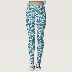 Abstrakte Blätter Weiß und Blau Küstenmuster Leggings