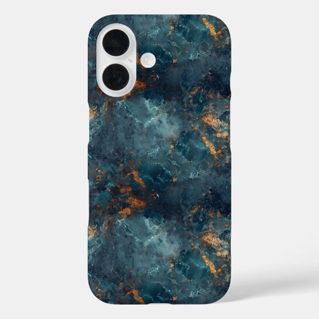 Abstrakte blau-goldfarbene Farbgebung iPhone 16 Hülle (Rückseite)
