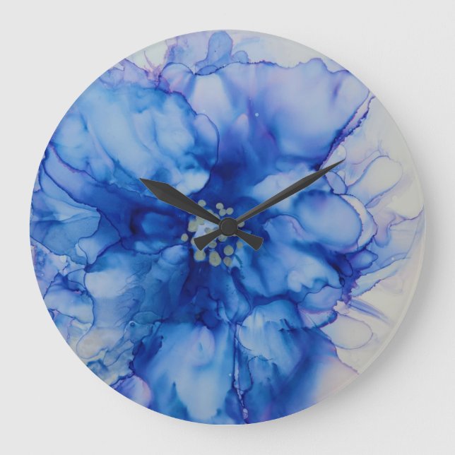 Abstrakte blaue Blume-Uhr Große Wanduhr (Vorderseite)