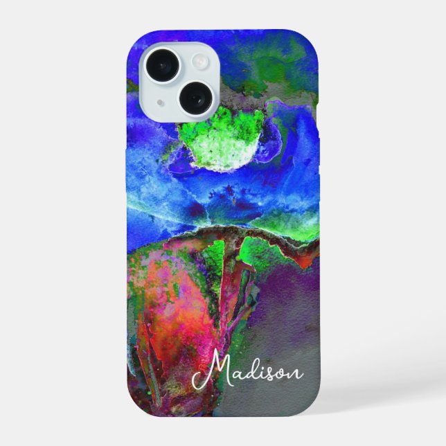 Abstrakte blaue florale blaue Aquarell-Mohnblume iPhone 15 Hülle (Rückseite)