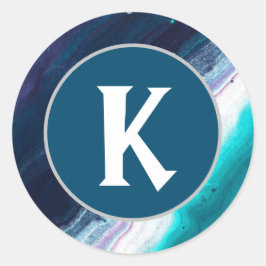 Abstrakte blaue Malerei Monogramm Runder Aufkleber