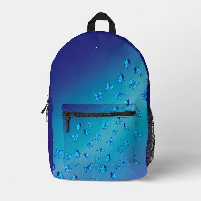 Abstrakte blaue Mondbalken und Schmetterlinge Bedruckter Rucksack (Vorderseite)