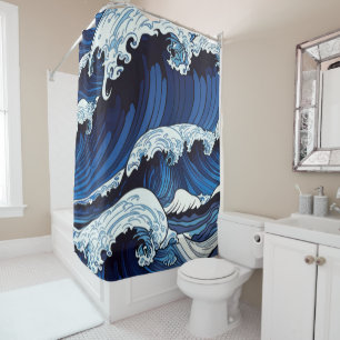 Abstrakte blaue Ozeanwellen japanische Kunst Duschvorhang