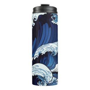 Abstrakte blaue Ozeanwellen japanische Kunst   Thermosbecher