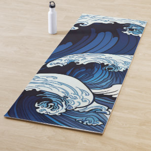 Abstrakte blaue Ozeanwellen japanische Kunst Yogamatte