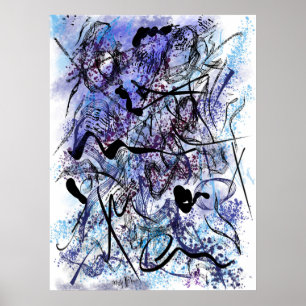 Abstrakte blaue schwarze Pinselstriche Spritzer Wa Poster