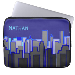 Abstrakte blaue Stadt-Skyline-Kunst personalisiert Laptopschutzhülle