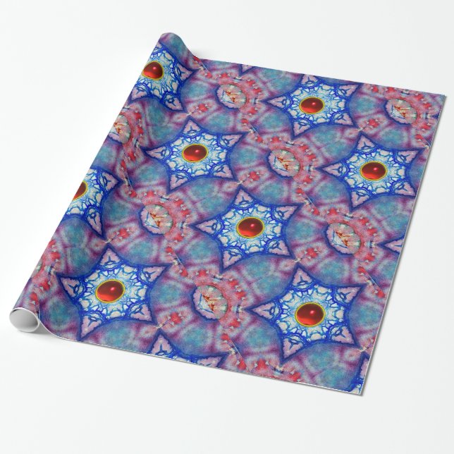 ABSTRAKTE BLAUE STARS MIT RUBY GEM STONES GESCHENKPAPIER (Ungerollt)
