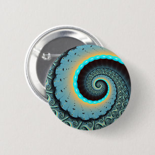Abstrakte blaue Türkis orange Fraktal-Kunst-Spiral Button