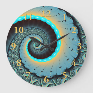 Abstrakte blaue Türkis orange Fraktal-Kunst-Spiral Große Wanduhr
