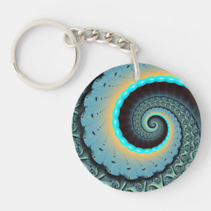 Abstrakte blaue Türkis orange Fraktal-Kunst-Spiral Schlüsselanhänger