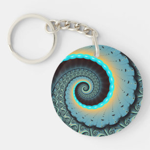Abstrakte blaue Türkis orange Fraktal-Kunst-Spiral Schlüsselanhänger