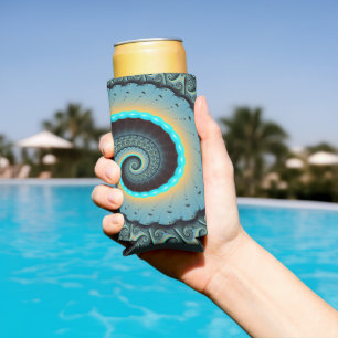 Abstrakte blaue Türkis orange Fraktal-Kunst-Spiral Selters Dosenkühler