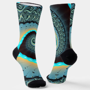 Abstrakte blaue Türkis orange Fraktal Kunst Spiral Socken