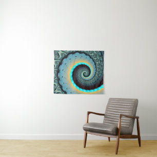 Abstrakte blaue Türkis orangefarbene Fraktal-Kunst Wandteppich