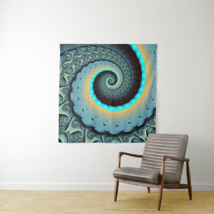 Abstrakte blaue Türkis orangefarbene Fraktal-Kunst Wandteppich