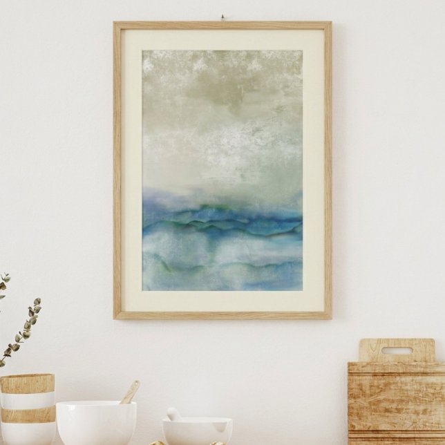 Abstrakte blaue und beige Ozeankunst Poster (This abstract ocean art creates a peaceful, coastal vibe in a living room as a housewarming gift.)