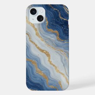 Abstrakte blaue und goldene Marmortextur iPhone 15 Plus Hülle
