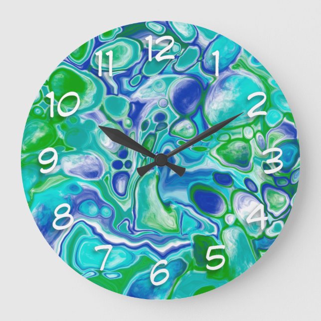 Abstrakte blaue und grüne Marmorflüssigkeit  Große Wanduhr (Vorderseite)