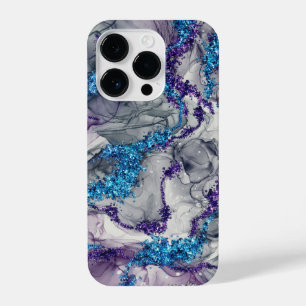 Abstrakte blaue und Lila Alkoholtink Glitzern iPhone 14 Pro Hülle