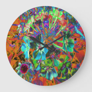 Abstrakte blaue und limettengrüne Blütenblume Große Wanduhr