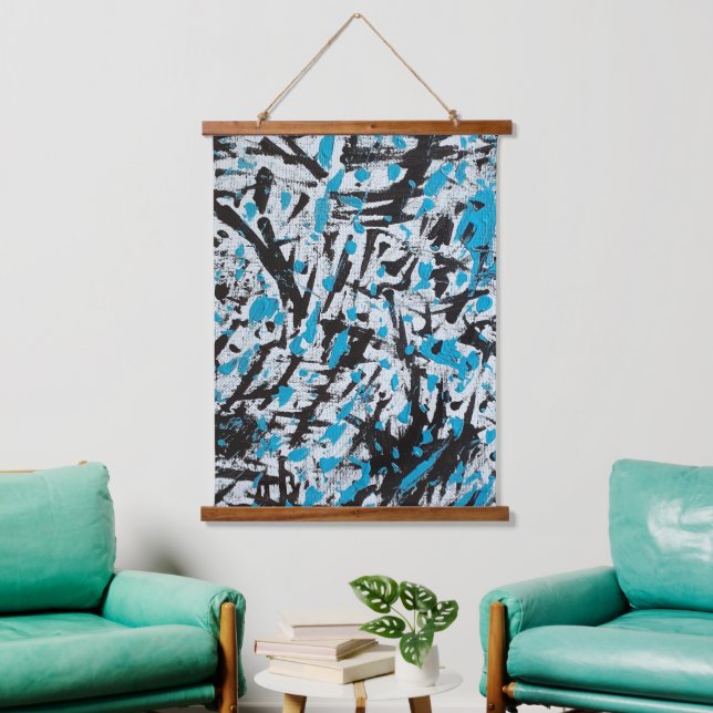 Abstrakte blaue und schwarze Pinselstriche Wandteppich Mit Holzrahmen (Wohnzimmer)