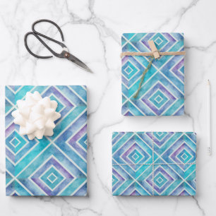 Abstrakte blaue und violette geometrische quadrati geschenkpapier set