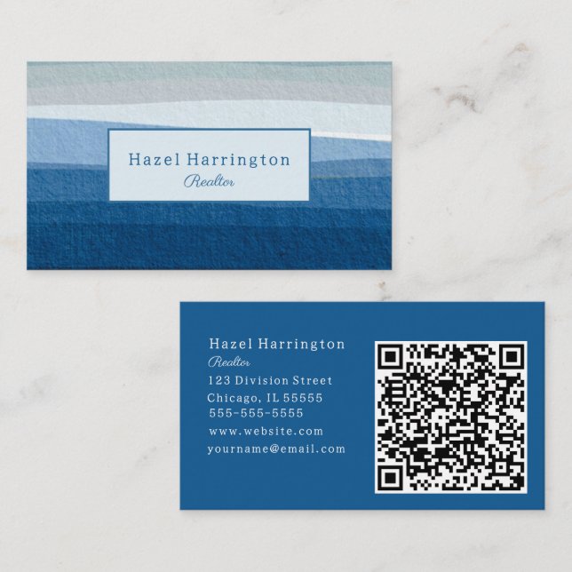 Abstrakte blaue Waves QR Code Business Card Minima Visitenkarte (Vorne/Hinten)