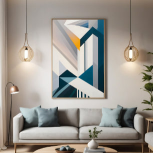 Abstrakte Blaue Weiße Goldene Geometrische Archite Poster