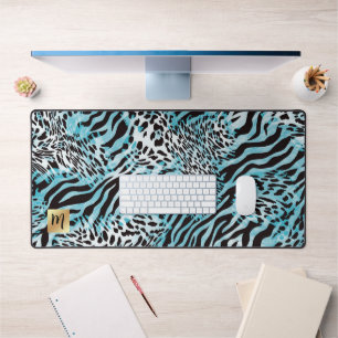 Abstrakte Blauer Tierdruck mit Goldmonogramm Schreibtischunterlage