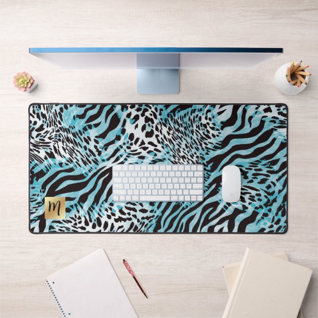 Abstrakte Blauer Tierdruck mit Goldmonogramm Schreibtischunterlage (Büro 1)