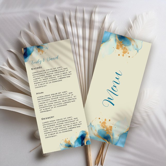 Abstrakte Blue & Gold Watercolor Hochzeit Menükarte (Von Creator hochgeladen)