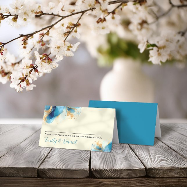 Abstrakte Blue & Gold Watercolor Hochzeit Platzkarte (Von Creator hochgeladen)