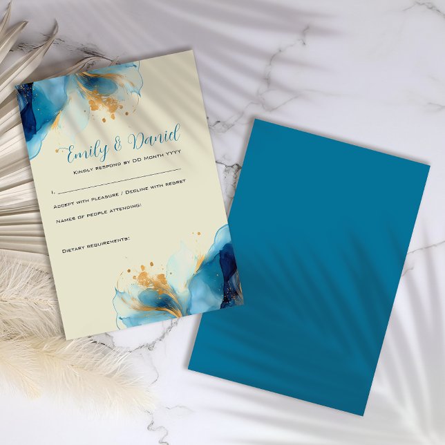 Abstrakte Blue & Gold Watercolor Hochzeit RSVP Karte (Von Creator hochgeladen)