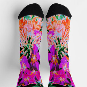 Abstrakte blühende Magenta- und Orangefarbene Blum Socken