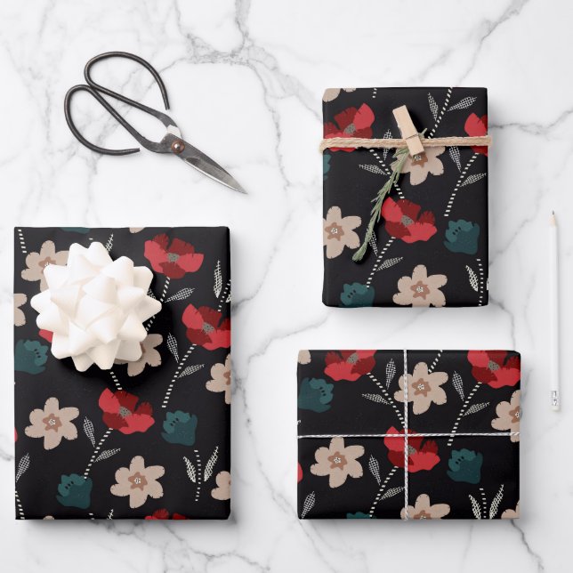 Abstrakte Blume auf Schwarz Geschenkpapier Set (Vorderseite)