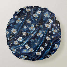 Abstrakte Blume aus Simmery Blue Silk Rundes Kissen