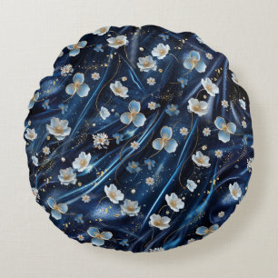 Abstrakte Blume aus Simmery Blue Silk Rundes Kissen