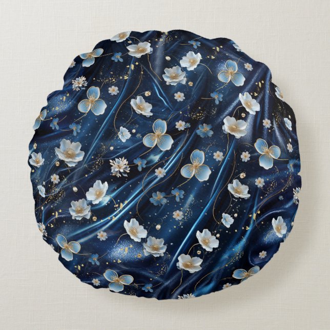 Abstrakte Blume aus Simmery Blue Silk Rundes Kissen (Vorderseite)