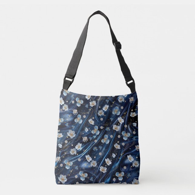 Abstrakte Blume aus Simmery Blue Silk Tragetaschen Mit Langen Trägern (Vorderseite)