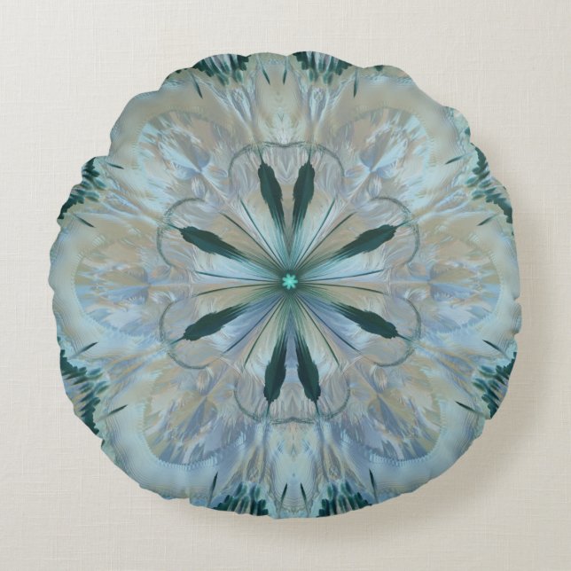Abstrakte Blume Fraktal Aquamarin Rundes Kissen (Vorderseite)