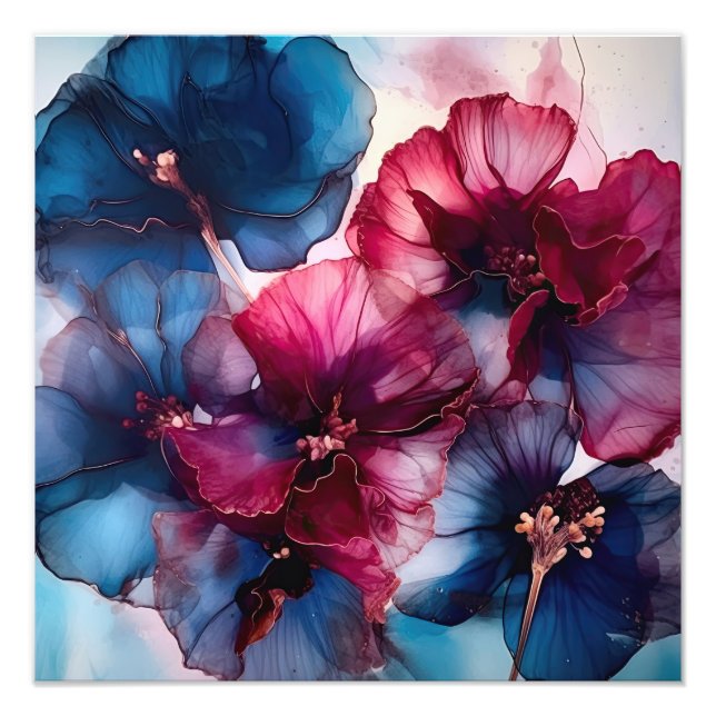 Abstrakte Blume in Blau und Burgund Fotodruck (Vorne)
