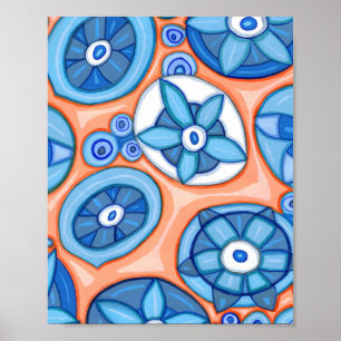 Abstrakte Blume in Blau und Orange Originelle Male Poster