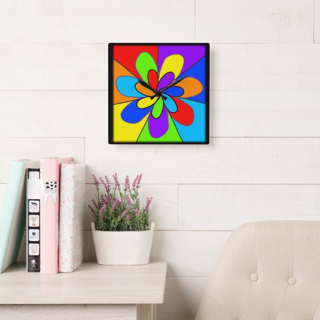 Abstrakte Blume in Regenbogenfarben Quadratische Wanduhr (Lesesaal)