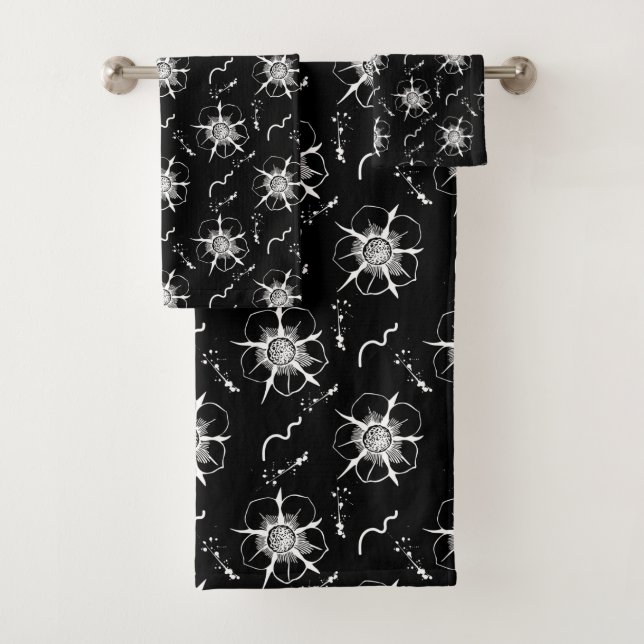 Abstrakte Blume mit weißer Linie auf Schwarz Badhandtuch Set (Insitu)